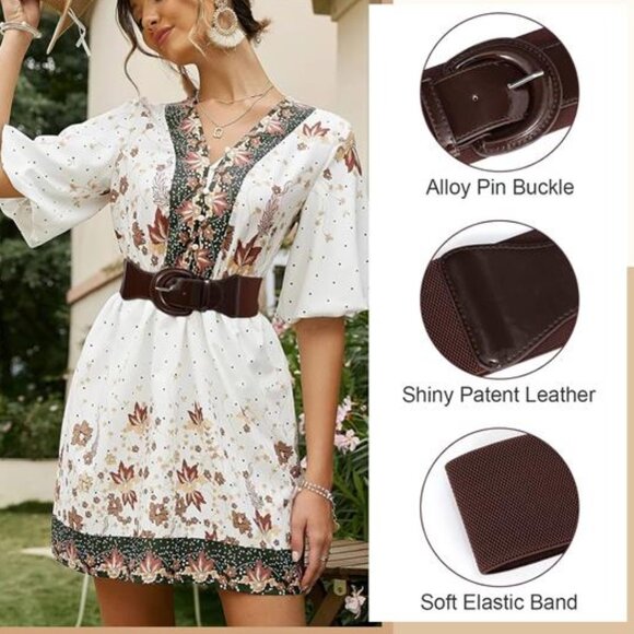 Women Wide Stretch Belt, Chunky Buckle Brown Coffee - Picture 3 of 3